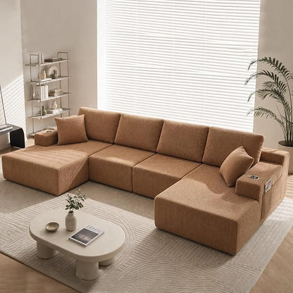 130" U-Shaped Modular Sectional Sofa with Chaise, Boneless Corduroy Flexible Module Seating for Living Room, Cloud Couch with Cup Holders and Side Pockets, No Assembly (Brown)
