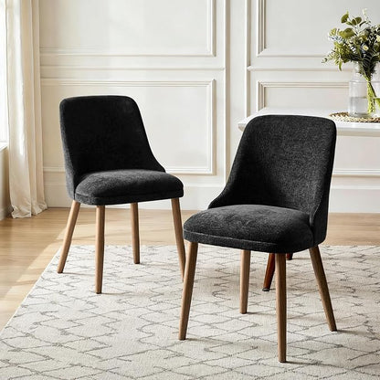 Upholstered Dining Chairs Set of 2, Fabric Dining Room Chairs with Curved Backrest, Solid Wood Legs, Modern Kitchen Chairs for Dining Room Living Room, Black