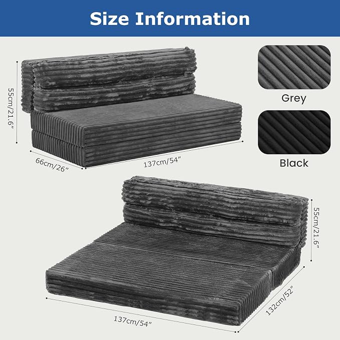Erament Tri-Fold Futon Sofa Bed, 6 Inch Foldable Floor Couch, High-Density Foam Convertible Sleeper Sofa with Removable Washable Corduroy Cover, Portable Floor Mattress for Living Room (Grey, Full)