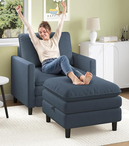 Welzona 3-Layers Cloud Accent Chair with Ottoman, 33" Comfy Reading Chair for Bedroom, Living Room, Tool-Free Assembly with Teddy Fabric Arm Chairs and Ottoman Set, Blue Grey, Removable Washable Cover