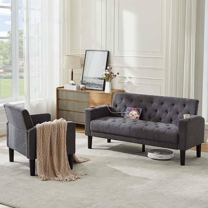 TYBOATLE 62" W Loveseat Sofa w/ 2 USB Charger Ports and 2 Cupholders, Mid-Century Modern Tufted Linen Fabric Small Love Seat Couches for Compact Living Room, Bedroom, Apartment, Dorm