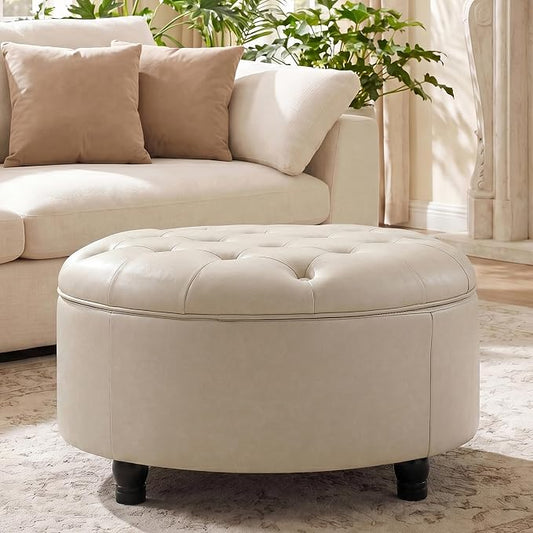 30-Inch Round Storage Ottoman, Button Tufted Ottoman Coffee Table with Removable Top for Living Room, Bedroom, Office (Beige)