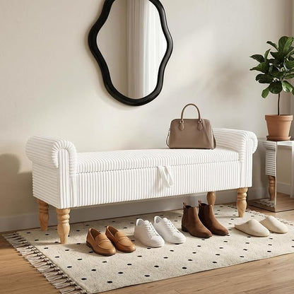Storage Bench for Bedroom, 60" End of Bed Bench Premium Linen Upholstered Storage Ottoman, Entryway, Closet, White