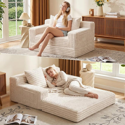 Erament Boneless Loveseat Convertible Sofa Bed, Folding Floor Futon Sleeper Sofa Couch Bed- Boneless Foldable Couch, Furry Pull Out Sofa Bed with 2 Pillows for Living Room & Bedroom