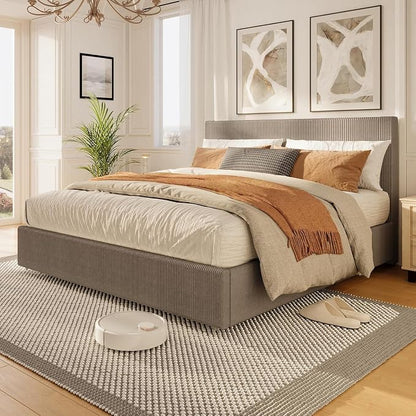 GAOMON Corduroy King Bed Frame with Headboard, Platform Upholstered Bed Frame with 4 Storage Drawers and Wooden Slats Support, No Box Spring Needed, Brown