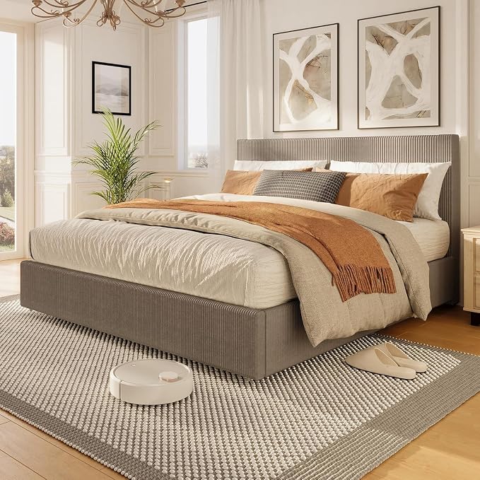 GAOMON Corduroy Queen Bed Frame with Headboard, Platform Upholstered Bed Frame with 4 Storage Drawers and Wooden Slats Support, No Box Spring Needed, Brown