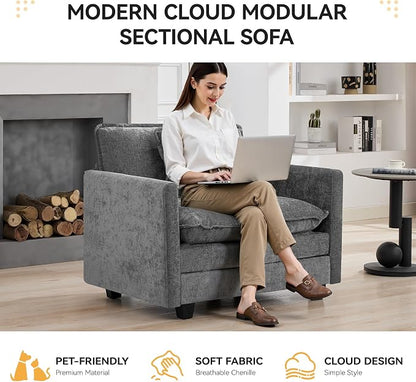 WUTUTUEE 41'' Modern Chenille Oversized Chair, Upholstered Accent Living Room Chair with Extra Thicked Deep Seat, Single Lounge Chair for Bedroom, Small Apartment, Grey