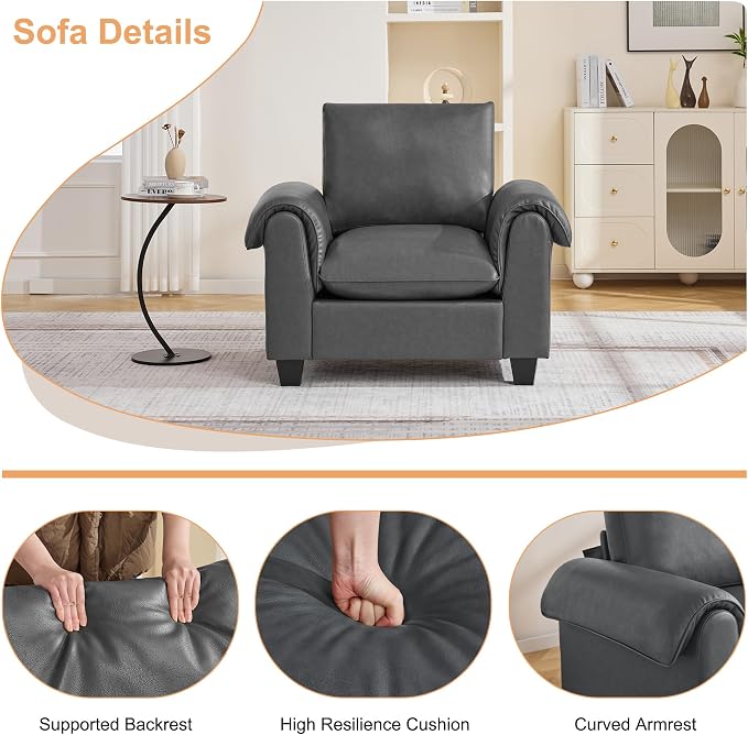 44.5" Faux Leather Single Sofa, Oversized Accent Chair with Curved Armrests, Cloud Modern Sofa Upholstered Deep Seat Reading Chair Armchair for Living Room, Bedroom，Grey