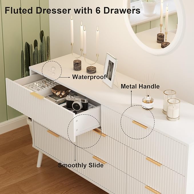 Fluted Dresser for Bedroom with 8 Drawers, Wooden Dresser with Metal Handle, White Dresser for Bedroom, Wood Closet for Hallway, Modern Storage Organizer for Living Room BDR104WW