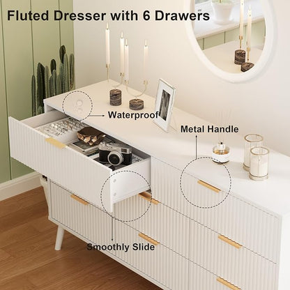 Fluted Dresser for Bedroom with 8 Drawers, Wooden Dresser with Metal Handle, White Dresser for Bedroom, Wood Closet for Hallway, Modern Storage Organizer for Living Room BDR104WW