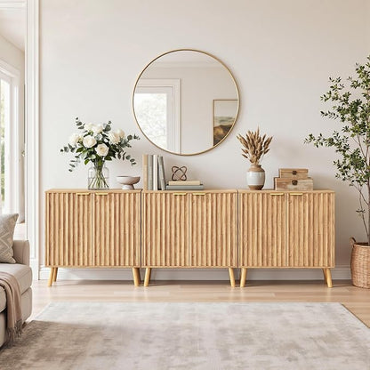 Set of 3 Fluted Storage Cabinet, Buffet Cabinet with Storage, Wood Sideboard with Adjustable Shelf, Modern Accent Cabinet & Console Table for Entryway, Living Room, Dining Room, Natural