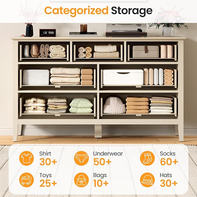 RoyalCraft 7 Drawer Dresser for Bedroom, 53" Wide Modern Wooden Chest of Drawers with Metal Handles, Painted Surface, Sturdy and Stable Storage Cabinet for Living Room, Beige
