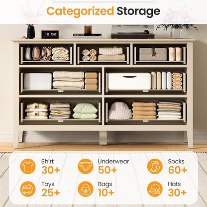 RoyalCraft 7 Drawer Dresser for Bedroom, 53" Wide Modern Wooden Chest of Drawers with Metal Handles, Painted Surface, Sturdy and Stable Storage Cabinet for Living Room, Beige