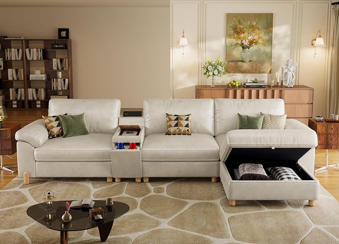 SITJOY Large Cloud Couch, 132" Wide 3 Seater L Shaped with Console, White | Pet-Friendly Scratch-Resistant Leather Sectional Sofas for Living Room, Deep Seat Wide Couch with Chaise, Storage Ottoman