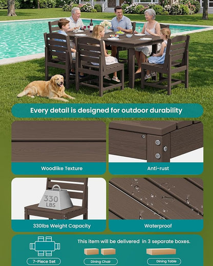 SERWALL Patio Dining Sets for 6 Person, HDPE Dining Set with 6 Armless Chairs, Coffee