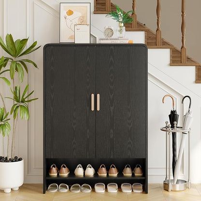 ONBRILL 6-Tier Shoe Storage Cabinet, 45'' Large Farmhouse Shoe Cabinet for Entryway, Modern Wooden Shoe Organizer Cabinets with Doors and Shelves, for Front Door Hallway (Black)
