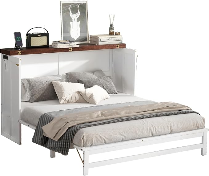 PVWIIK Queen Murphy Bed with Drawer & Charging Station for Bedroom,Home Office, Studio,Guest Room,Queen Size Solid Wood Bed Frame Murphy Bed with USB Port for Bedroom,White-Walnut