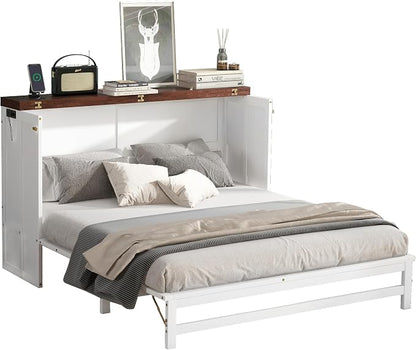 PVWIIK Queen Murphy Bed with Drawer & Charging Station for Bedroom,Home Office, Studio,Guest Room,Queen Size Solid Wood Bed Frame Murphy Bed with USB Port for Bedroom,White-Walnut
