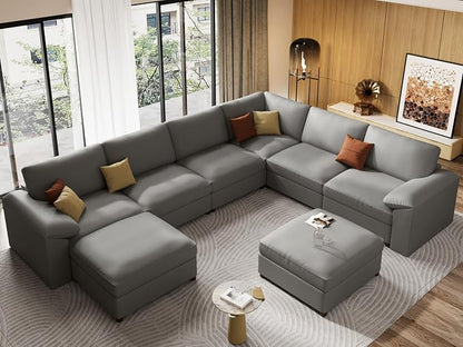 EASE MOOSE Faux Leather Sectional Couch, Oversized Modular Sofa, Modern Comfy Modular Couch, Scratch Resistant Material Sofas, U Shaped Couch for Big Spaces, Grey