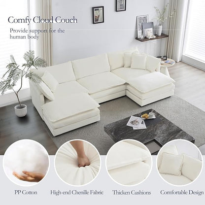 GNIXUU 111.5“ Oversized Modular Sectional Sofa, Comfy Cloud Couch for Living Room, Modern Chenille Large Deep Seat U Shaped Couch with Reversible Chaise & Cushions(6 Seater, Beige White)