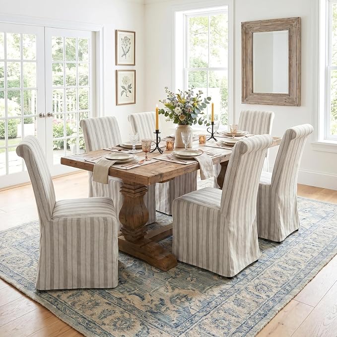 chairus Slipcovered Parsons Dining Chairs Set of 2, Upholstered Dining Room Chairs with Removable Linen Cover & High Back, Modern Farmhouse Wooden Side Kitchen Chairs, Khaki Stripe