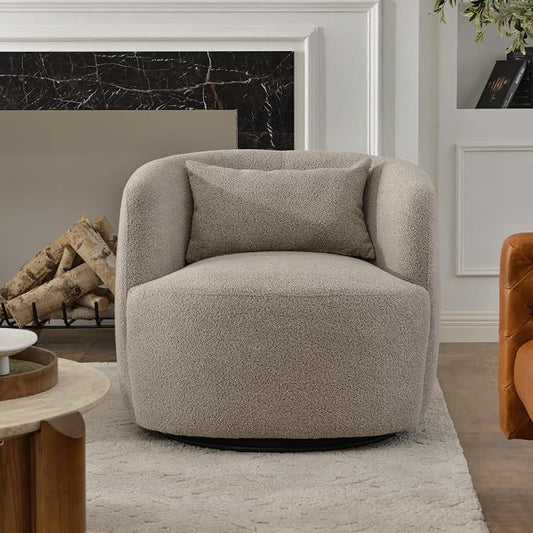 KINWELL 34" Wide Boucle Swivel Barrel Chair, No Assembly Round Upholstered Armchair Accent Chair Single Sofa Chair with Toss Pillow for Living Room and Bedroom, Taupe