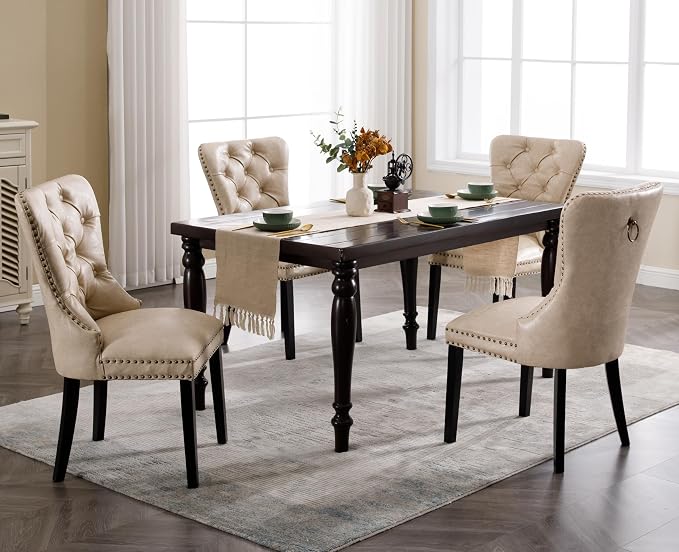 EALSON Modern Dining Chairs Set of 8 Mid Century Leather Dining Room Chairs with Wood Legs Tufted Upholstered Kitchen Side Chairs with Nail Head Trim for Dining Room/Living Room, Beige with Ring