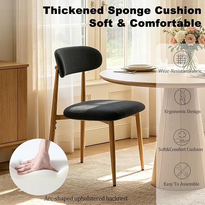 FREKEN Modern Upholstered Dining Chairs Set of 6, Mid-Century Metal Frame with Wood Grain, Linen Fabric Side Chair for Kitchen Dining Room, 350lbs Capacity, Black
