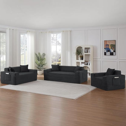 Boneless Sectional Sofa 3 Piece Set with Cup Holders & Side Pockets, Modern Corduroy Fabric Deep Seat Cloud Couch Living Room, Office, No Assembly (Grey)