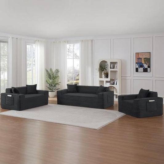 Boneless Sectional Sofa 3 Piece Set with Cup Holders & Side Pockets, Modern Corduroy Fabric Deep Seat Cloud Couch Living Room, Office, No Assembly (Grey)