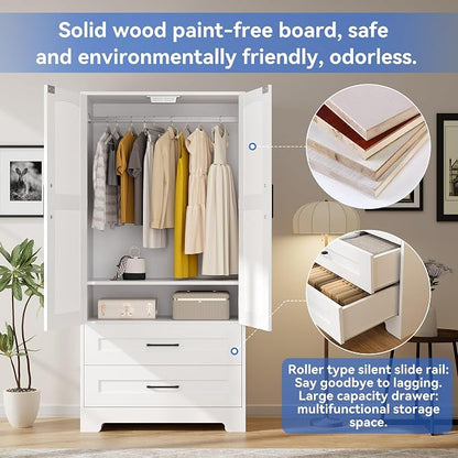 Wooden Armoire Wardrobe Closet, Bedroom Armoires with Door and Drawers, Freestanding Wardrobe Clothing Storage Cabinet with Shelves and Hanging Rod for Bedroom, Laundry Room, Cloak Room（White）