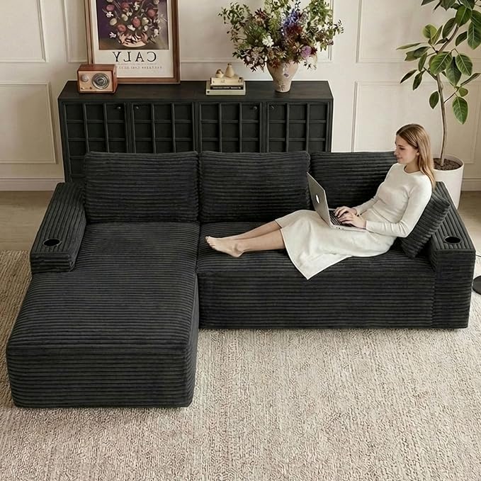 104" Cloud Sectional Couch L-Shaped with Side Pockets Cup Holders, Corduroy Boneless Couch for Living Room,Upholstered Deep-Seat Modular Sectional Sofa, No Assembly Required (Black,Left Facing Chaise)