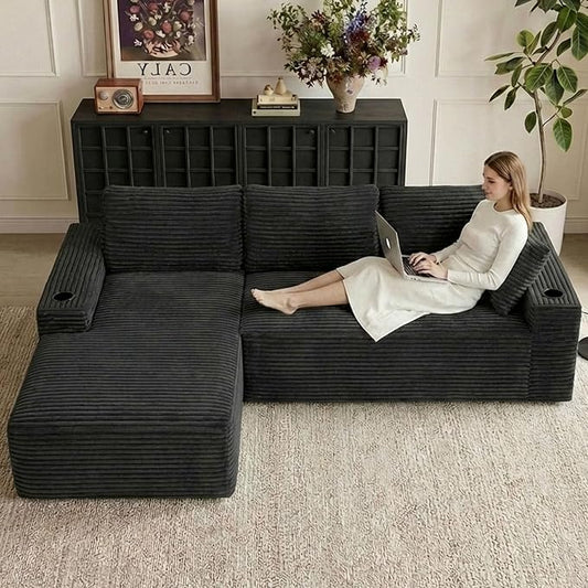 104" Cloud Sectional Couch L-Shaped with Side Pockets Cup Holders, Corduroy Boneless Couch for Living Room,Upholstered Deep-Seat Modular Sectional Sofa, No Assembly Required (Black,Left Facing Chaise)