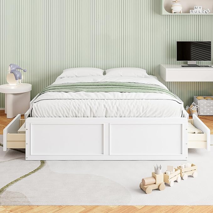 Merax Wood Queen Size Platform Bed Frame with 6 Drawers, Storage Bed Frame Without Headboard for Kids Teens and Adults, White