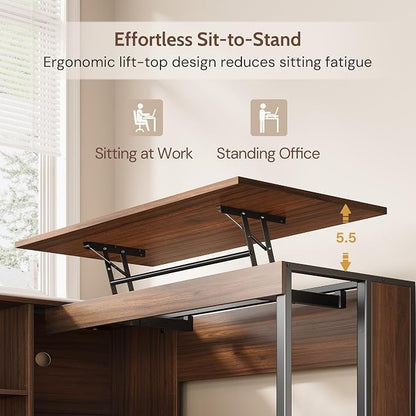 55'' Executive Desk with 3 Fluted Drawers, L Shaped Computer Desk with Lift Desktop & Power Outlets, Storage Shelves, CPU Stand, Industrial Office Desk with Cabinet (Dark Walnut)