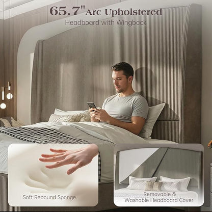 65.7" Tall Headboard California King Size Upholstered Bed Frame with Wingback, Soft Washable Corduroy Beds Cover, Solid Wood Legs, Noise-Free, No Box Spring Needed, Light Gray