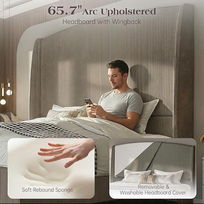 Queen Size Upholstered Bed Frame with 65.7" Tall Headboard Wingback, Soft Washable Corduroy Beds Cover, Solid Wood Legs, Noise-Free, No Box Spring Needed, Light Gray