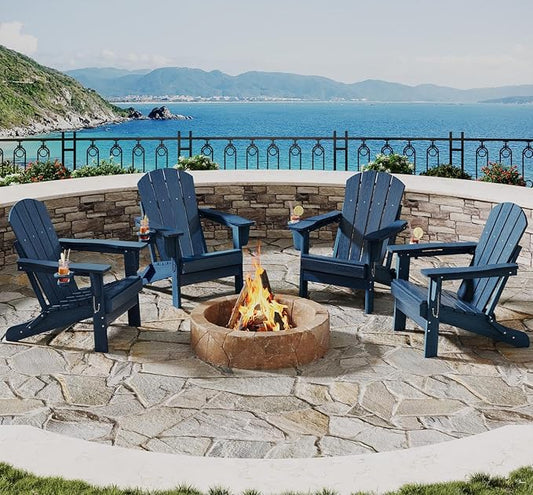 Folding Adirondack Chair Set of 4, All-Weather HDPE Outdoor Chair, Wooden Textured with Cup Holder for patios, Decks, Gardens, fire pits, Navy Blue