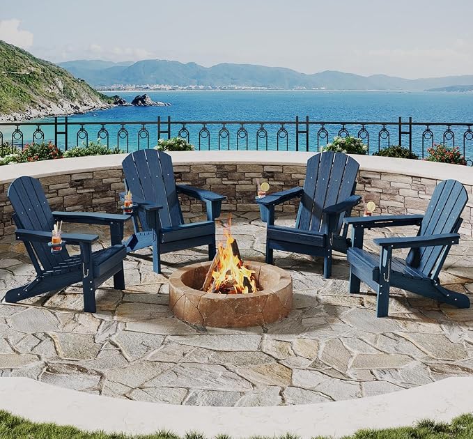 Garvee Folding Adirondack Chair Set of 4, HDPE Outdoor Patio Chair with Cup Holder, All Weather Resistent Wooden Textured for patios, Decks, Gardens, fire Pit, Navy Blue