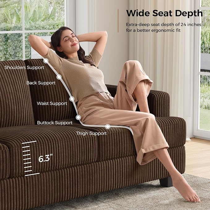 COPIAE 89 Inch Sofa with Extra Deep Seats Oversize, 3 Seater Sofa for Living Room, Modern Couch and Sofa, Comfy Armrests and Seats and Backrests, Easy Installation,Wide Corduroy Fabric Brown