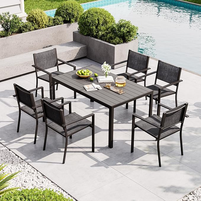 Aoxun 7-Piece Patio Table and Chairs Set for 6, All Weather Outdoor Dining Set with 6 Textilene Chairs and 1 Rectangular Metal Table, Patio Dining Sets for Backyard, Garden and Poolside, Grey