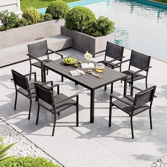 Aoxun 7-Piece Patio Table and Chairs Set for 6, All Weather Outdoor Dining Set with 6 Textilene Chairs and 1 Rectangular Metal Table, Patio Dining Sets for Backyard, Garden and Poolside, Grey