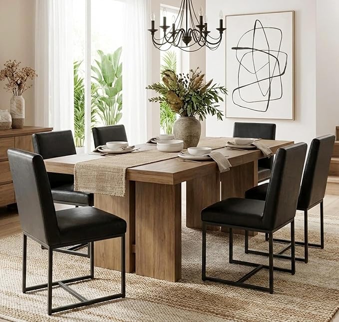 VESCASA Faux Leather Upholstered Dining Chairs with Black Metal Frame, Mid Century Modern Padded Kitchen Chair with Adjustable Foot Pads for Restaurant, Dining Room, Set of 4, Black