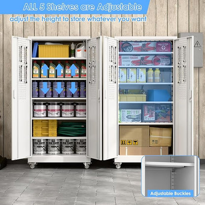 SUXXAN Metal Storage Cabinet with Wheels and Pegboard, 71" Tall Industrial Steel Cabinet with 5 Adjustable Shelves & Locking Doors, Rolling Garage Storage Cabinet for Office, Pantry, Home