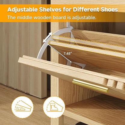 UNIQUITE 40" Shoe Storage Bench with Flip Drawers & Padded Seat Cushion, Open Compartments & Slatted Doors, Entryway Bench with Shoe Storage for Entryway, Hallway, Living Room, Bedroom, Natural