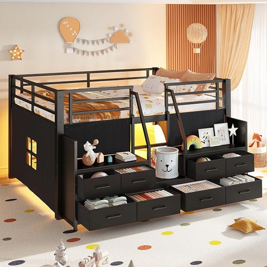 Bellemave Full Size Loft Bed with 8 Non-Woven Fabric Storage Drawers and Bookshelf, Low Loft Bed with Lights and Private Play Curtain, Full Loft Beds with High Rails, Noise Reduced Black