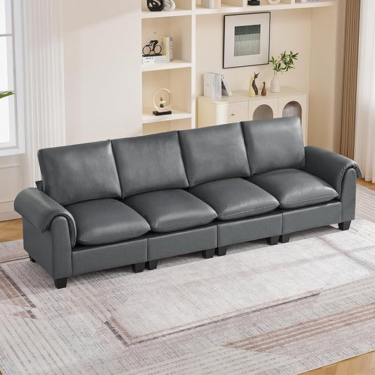 118" Faux Leather Modular Sectional Upholstered Sofa, Oversized 4 Seater Couch with Curved Armrests, Cloud Modern Upholstered Deep Seat Sofa for Living Room, Grey
