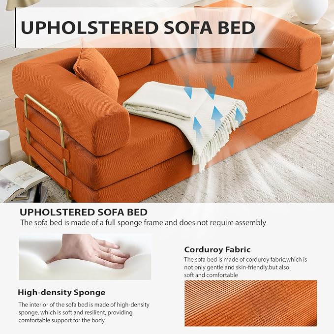 HANXIN Convertible Sleeper Sofa Bed, 78 Inch Folding Floor Mattress Couch with Fixed-Shape Frame, Futon Boneless Couch Lounge Loveseat with Pull Out Bed, No Assembly Required