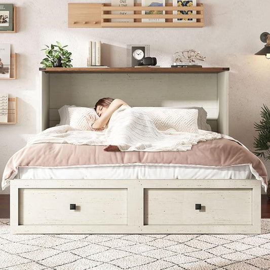 AMERLIFE Queen Murphy Bed with Storage & Charging Station, Farmhouse Murphy Cabinet with Foldable Panel, Noisy Free, for Guest Bedroom, Living Room, Office, Distressed White