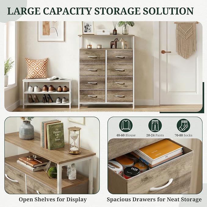 8 Drawers Dresser with Open Shelf, 46" Tall Storage Organizer Chest of Drawer with Wooden Top, Sturdy Metal Frame for Bedroom, Hallway, Living Room, Greige Oak